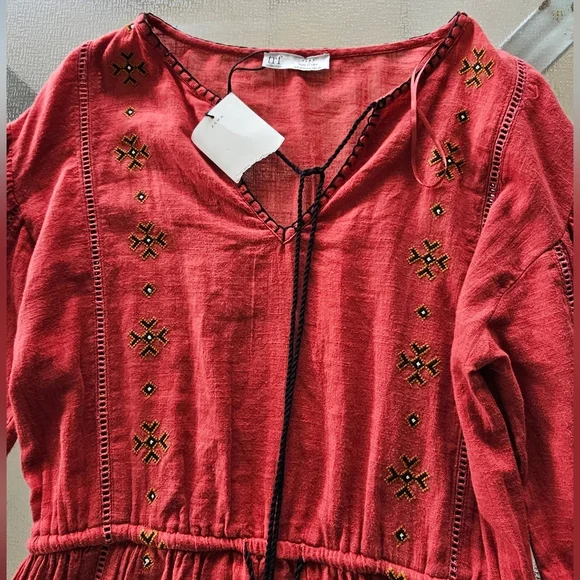 Zara TRF Boho Maxi Dress Red Embroidered Long Sleeve Peasant Ethnic Festival M - Picture 6 of 16